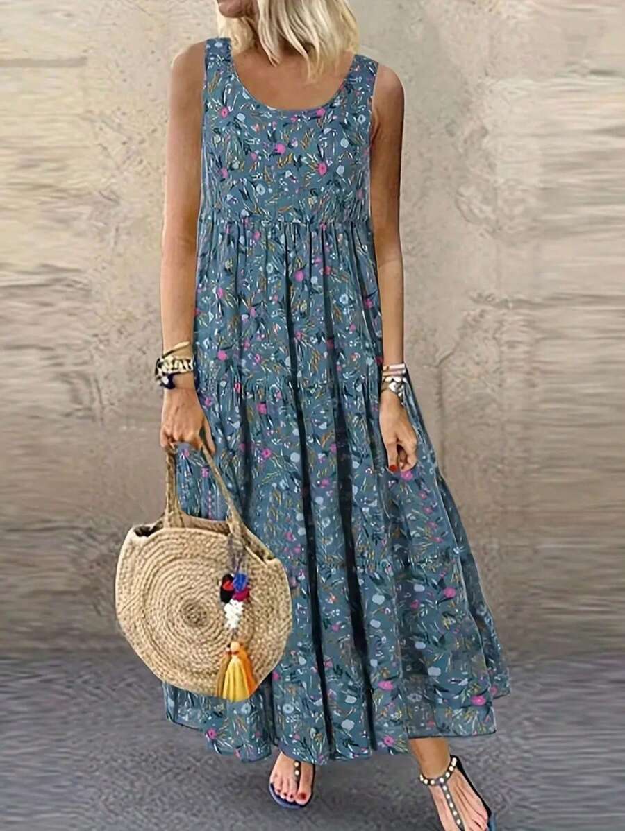 Abito casual elegante con fantasia floreale, senza maniche, per taglie comode donna