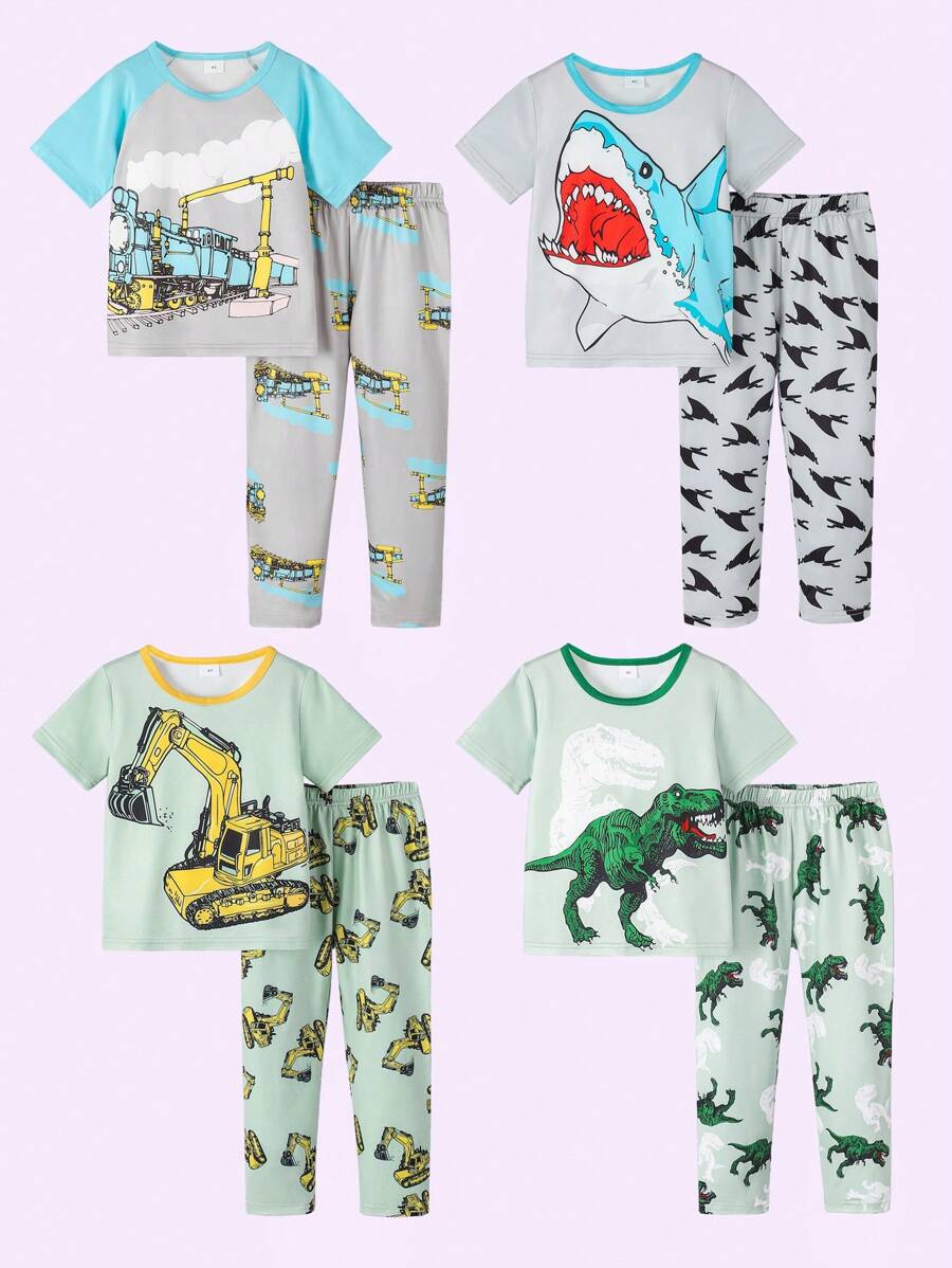 BrownBark 4 Sets, 8 pièces - Ensemble de pyjama décontracté d'été pour jeune garçon avec imprimés de dinosaures, de requins, de pelleteuses. Top à manches courtes et pantalon. Tenue d'intérieur d'été confortable pour garçons