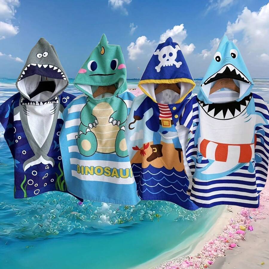 1 pezzo Accappatoio con cappuccio per bambini - Disegni divertenti di squalo e dinosauro - Asciugatura rapida e assorbente per feste in piscina e avventure all'aperto, adatto per il ritorno a scuola