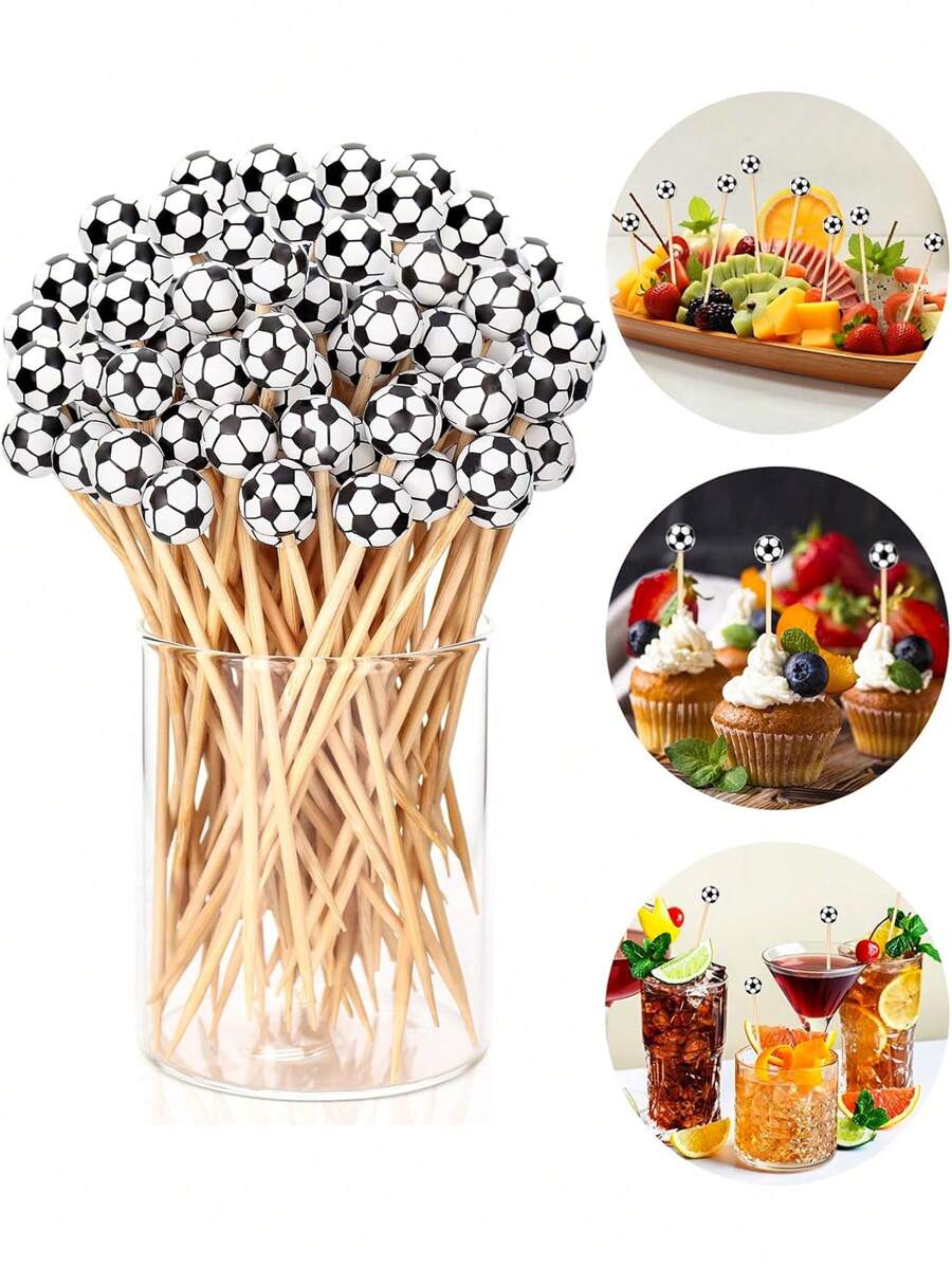 50 pièces Cure-dents de football, piques à cocktail en bambou pour les apéritifs, la garniture des desserts, des fruits, des charcuteries, des sandwichs et des hamburgers. Brochettes décoratives pour mariage, fête et fournitures scolaires.