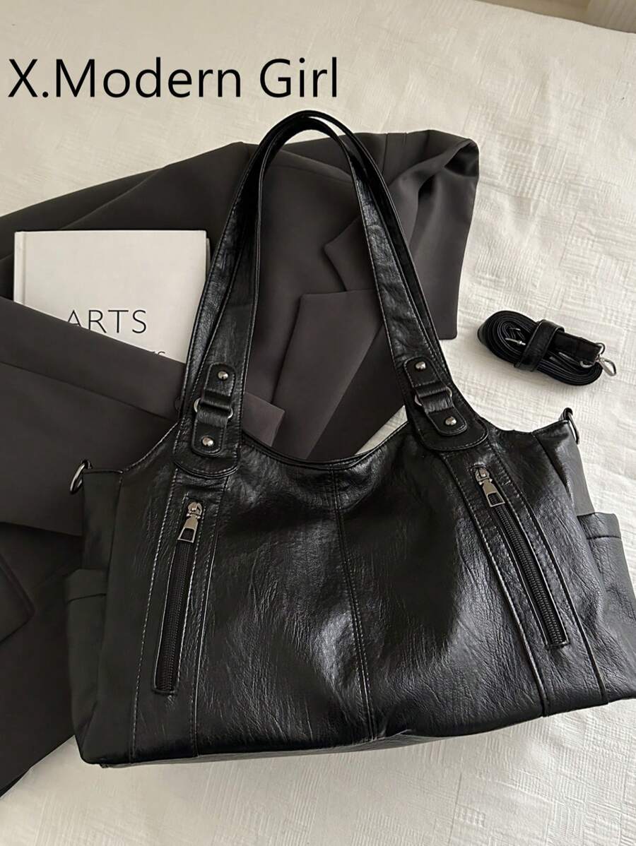 In 2025, The New Fashion Classic Joker Solid Color Large-Capacity Retro Pu Fabric Shoulder Tote Bag Is Suitable For Shopping.In 2025, The New Fashion Classic Joker Solid Color Large-Capacity Retro Pu Fabric Shoulder Tote Bag Is Suitable For Shopping., Fashionable Tote Bag With Zipper, Tote Bags For Ladies