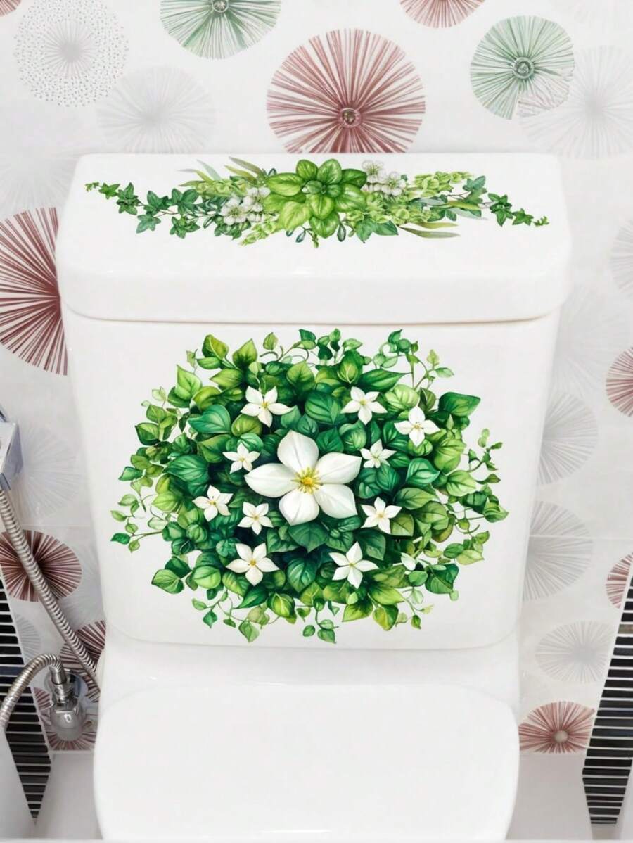 Plant Leaves Flowers Toilet Seat Lid Stickers Self-Adhesive Bathroom Wall Stickers Green Leaf Floral Toilet Lid Decals DIY Removable Waterproof Toilet Sticker For Bathroom Cistern Decor Green Room Decor Wall Decor Personalised Stickers