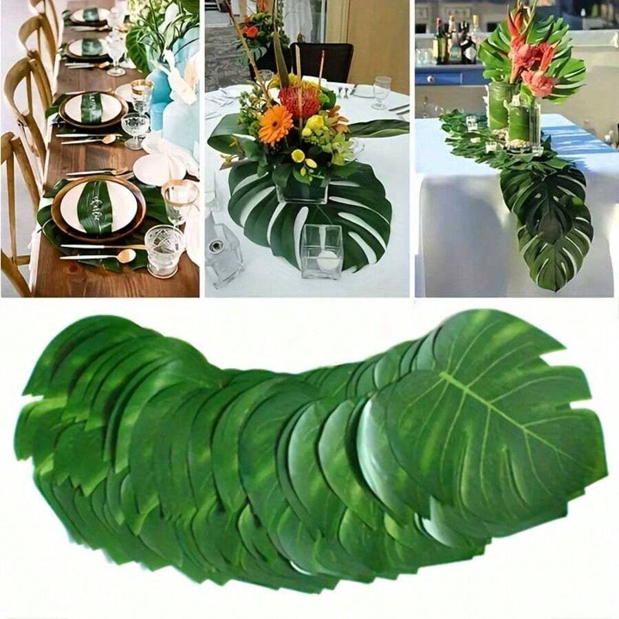 5pcs/10pcs Tropical Palm Leaves, Artificial Hawaiian Luoo Jungle Decoration, Autumn Plastic Simulation Plants, Home Living Room Desktop Decoration, Suitable For Weddings, Engagements, Halloween, Christmas, St. Patrick's Day, Father's Day - Container Not Included
