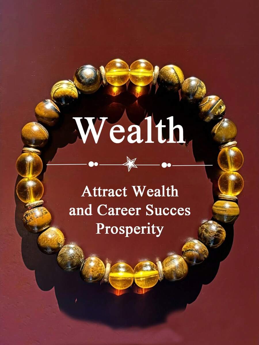 1 Stück Armband zum Anziehen von Reichtum, 8mm Citrin & Tiger Eye Armband für Wohlstand & Gedeihen, Glück, Erfolg Meditation Schmuck für Männer und Frauen