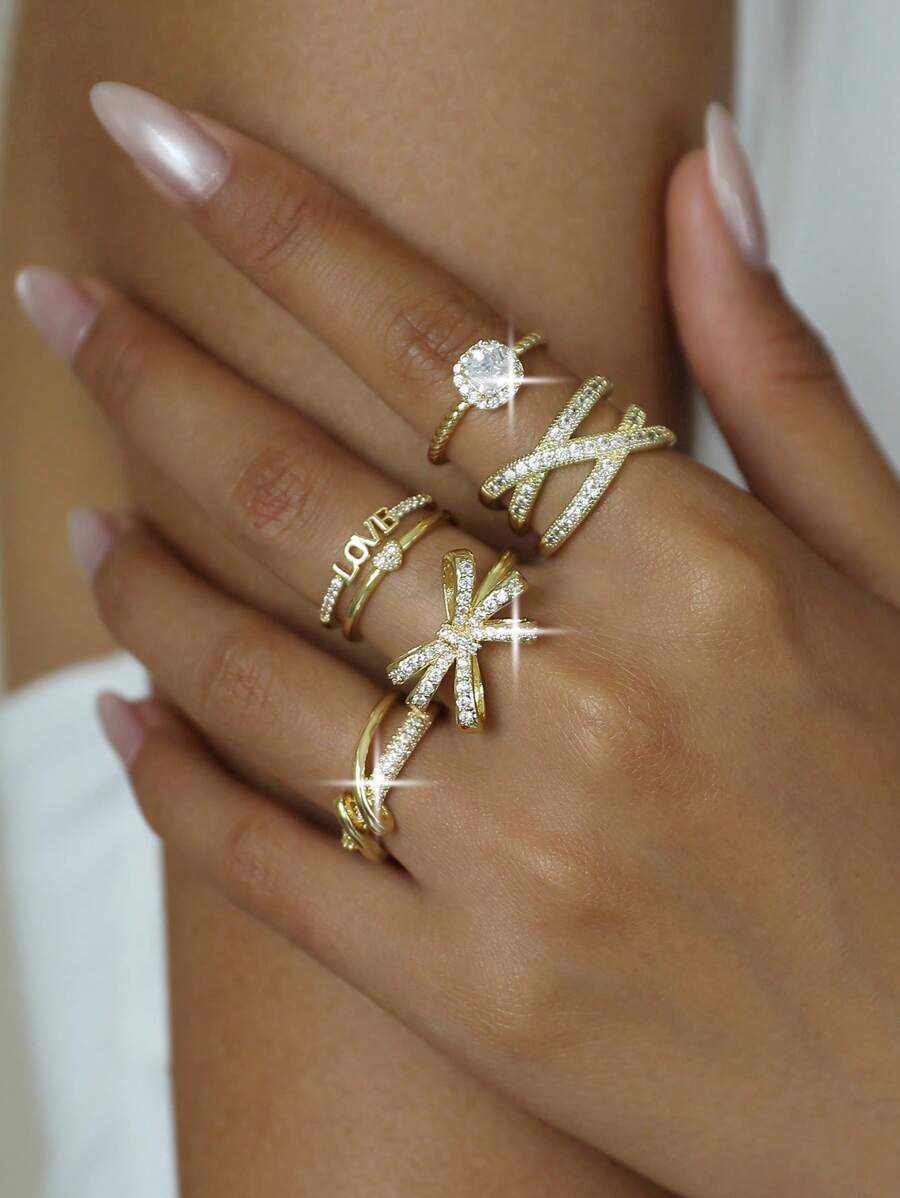 1 Peça Elegante Anel Aberto Dourado de Mulher com Laço de Zircônia Cúbica, Anel de Casal Glamoroso para Aniversário, Encontro, Solteiro, para Uso Diário, Formatura, Presente de Joias