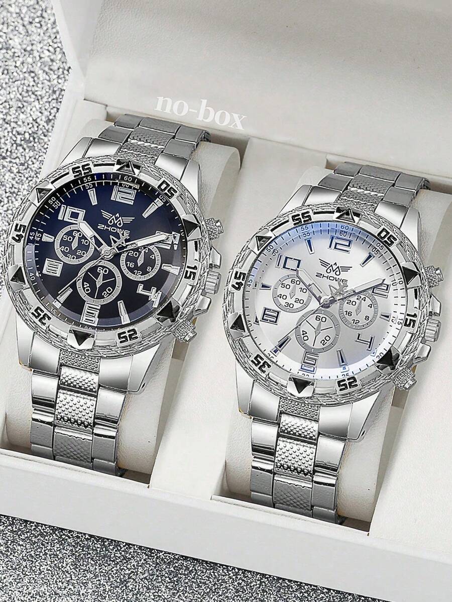 Set de 2 relojes, reloj casual y elegante. Reloj de hombre casual con 3 esferas y correa de acero, reloj de moda de aleación