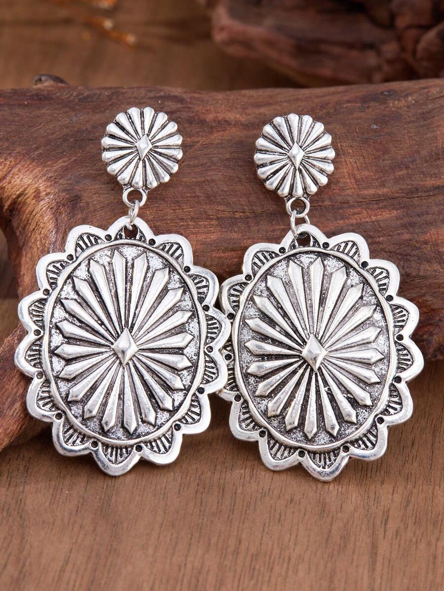 MONLOTTI 4 pièces/set Boucles d'oreilles pendantes rétro western, style cowboy avec motif géométrique et texture totémique, style bohème exagéré créatif, ensemble de bijoux pour femmes, cadeau de fête des mères