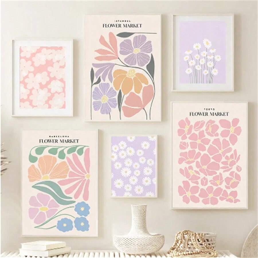 1 pièce Affiche optionnelle avec cadre, art mural de marché aux fleurs. Peinture sur canevas colorée, affiche végétale nordique. Image imprimée décorative pour le salon