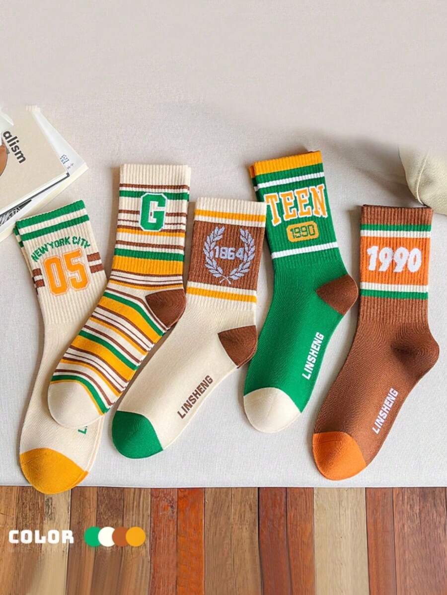 5 Pairs Fashion Nordic Romantic-Pastoral Lovely-Sweet Breathable (Functional) Soft Warm Knitted Mid-Calf Socks, Suitable For Spring/Summer, Autumn/Winter