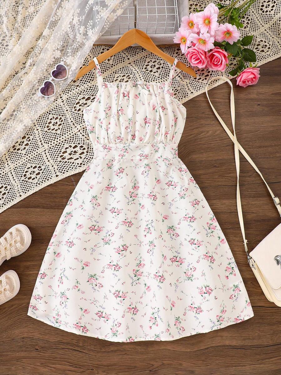 Vestido de tirantes finos con hombros al descubierto y estampado floral elegante para niñas, para primavera/verano