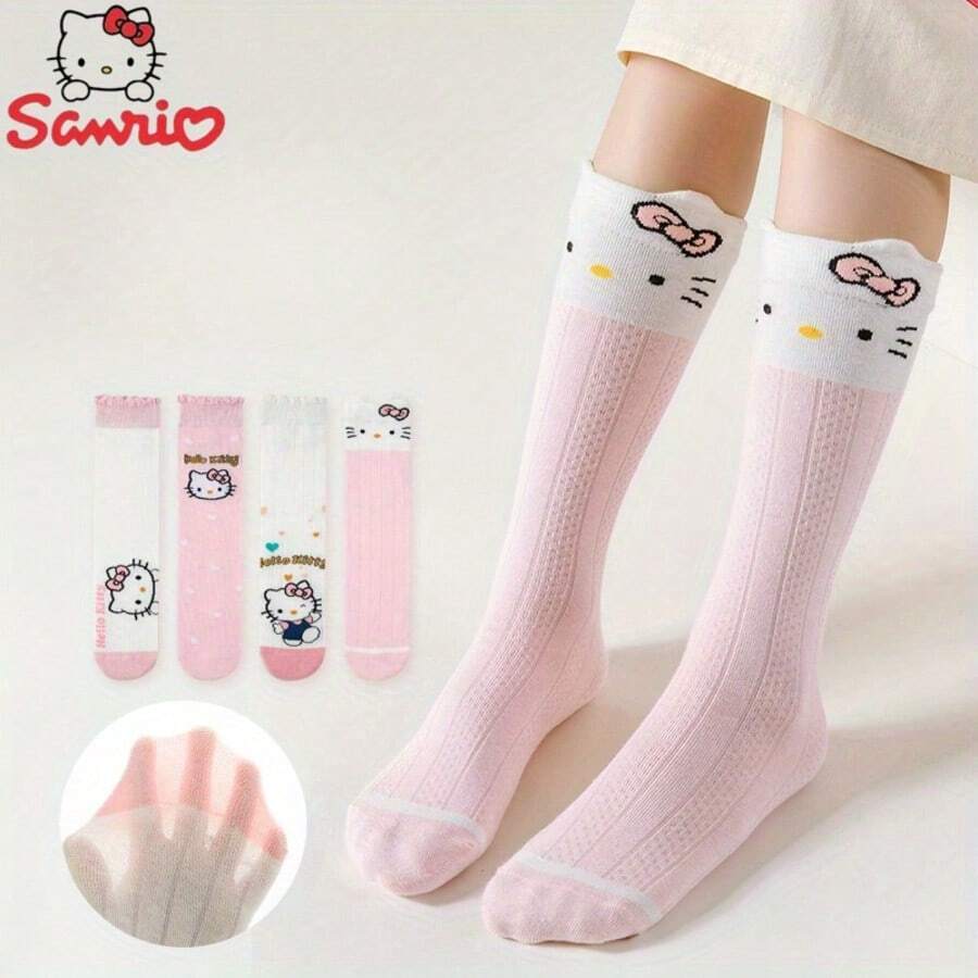 Sanrio 1Pair Sanrio Hello Kitty Women'S Knee-High Socks, 100% Polyester, Breathable Mesh, Cute Animal Pattern, Comfortable Knit Fabric, Long Tube Sports Socks,