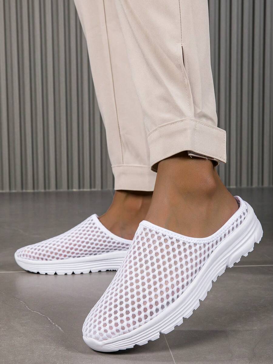 Women's Breathable Mesh Slip-On Mules Sneakers - Lightweight Flat Casual Shoes With Hexagonal Pattern, White Fabric Upper & MD Sole For Indoor/Outdoor Use