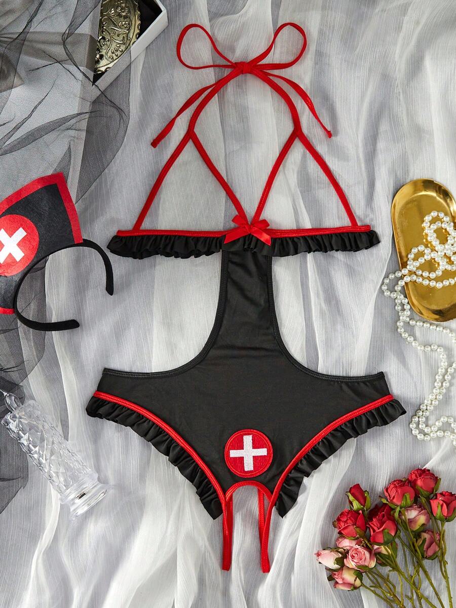 Lencería sexy nueva para mujer, mono con taza hueca sin cables, vestido de criada/enfermera seductor con tirantes extraíbles, para crear una atmósfera íntima de pareja en el dormitorio