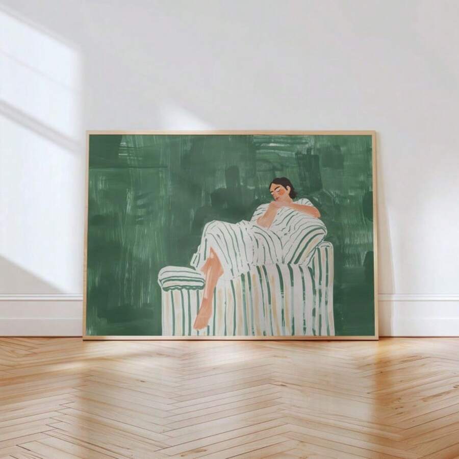 Stampa su tela orizzontale con opera d'arte contemporanea astratta di persone verde smeraldo, opera d'arte per pareti di soggiorno, stampa di donna a righe con cornice opzionale