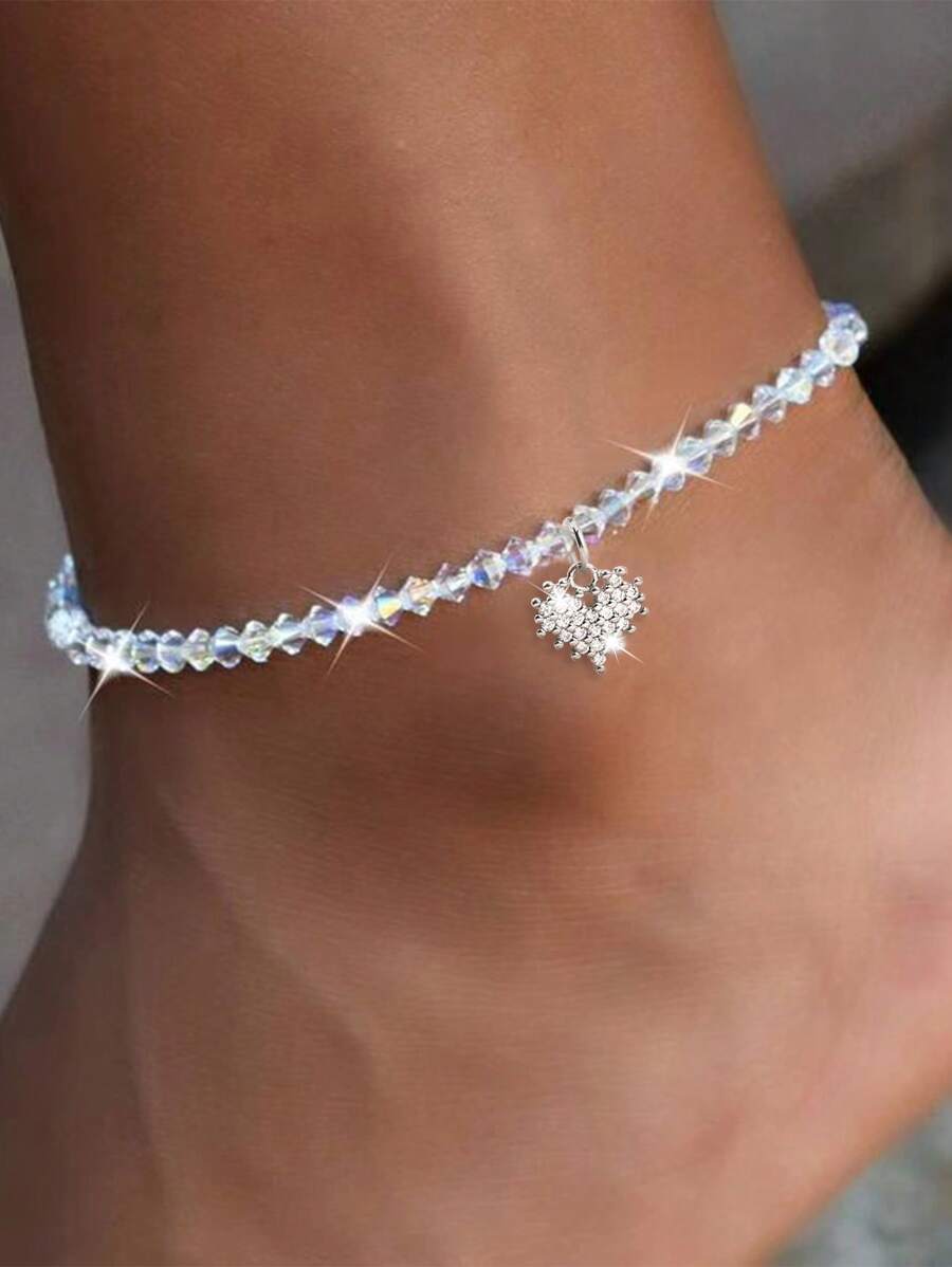 Tkool 1 Stück eleganter, sexy Fußkettchen mit Zirkonia Herz Anhänger, zweifarbige transparente Perlen, beschichtet - Damen Accessoires für den täglichen Gebrauch und den Urlaub, geeignet für alle Jahreszeiten
