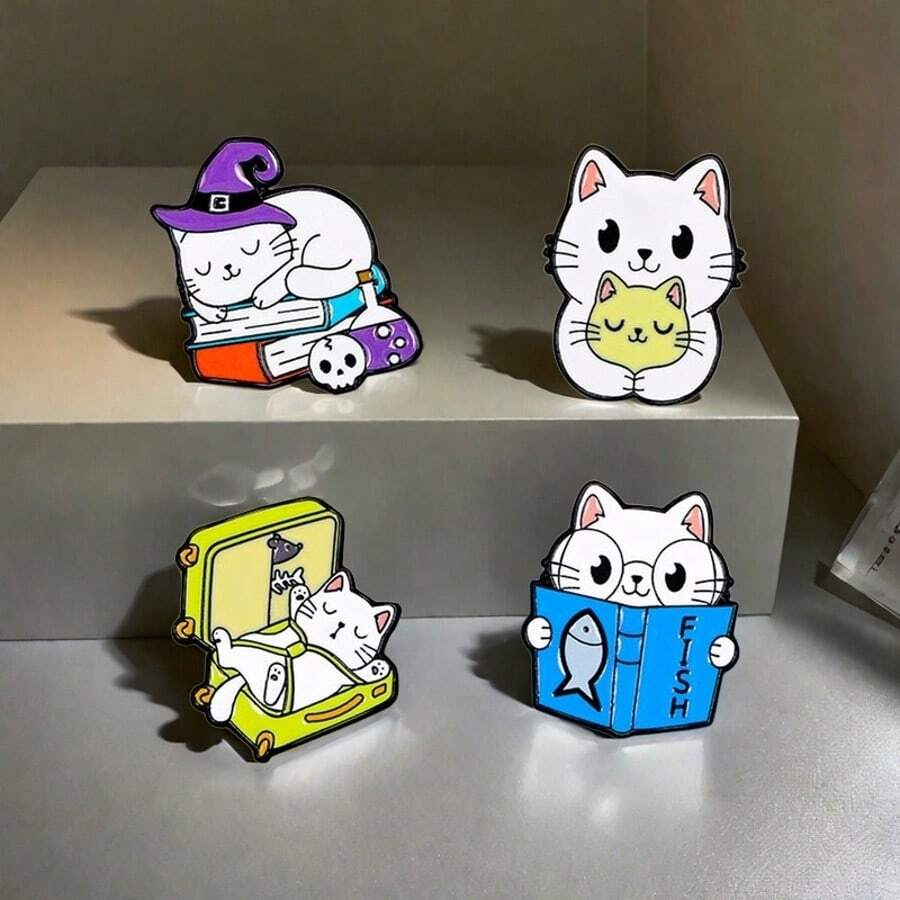 Creative Cartoon Cat Brooch, Sleeping, Drinking Coffee, Reading Book, Cute Unique Accessory For Clothes, Bags