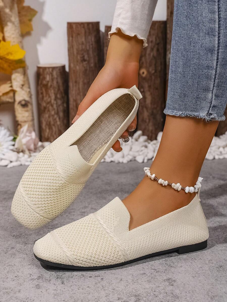 Mocasines planos de mujer tejidos, zapatos cómodos de punta cuadrada con slip-on, zapatos transpirables para mamá para primavera y otoño