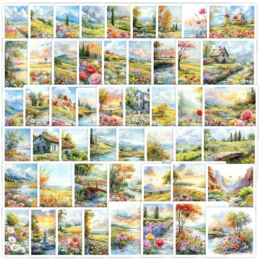 50 pièces Autocollants de paysage aquarelle Autocollants vinyle esthétiques pour scrapbooking, journalisation, ordinateur portable, pare-chocs, skateboard, bouteilles d'eau, ordinateur, téléphone, bande dessinée, casque de protection, voiture, fournitures scolaires, rentrée des classes