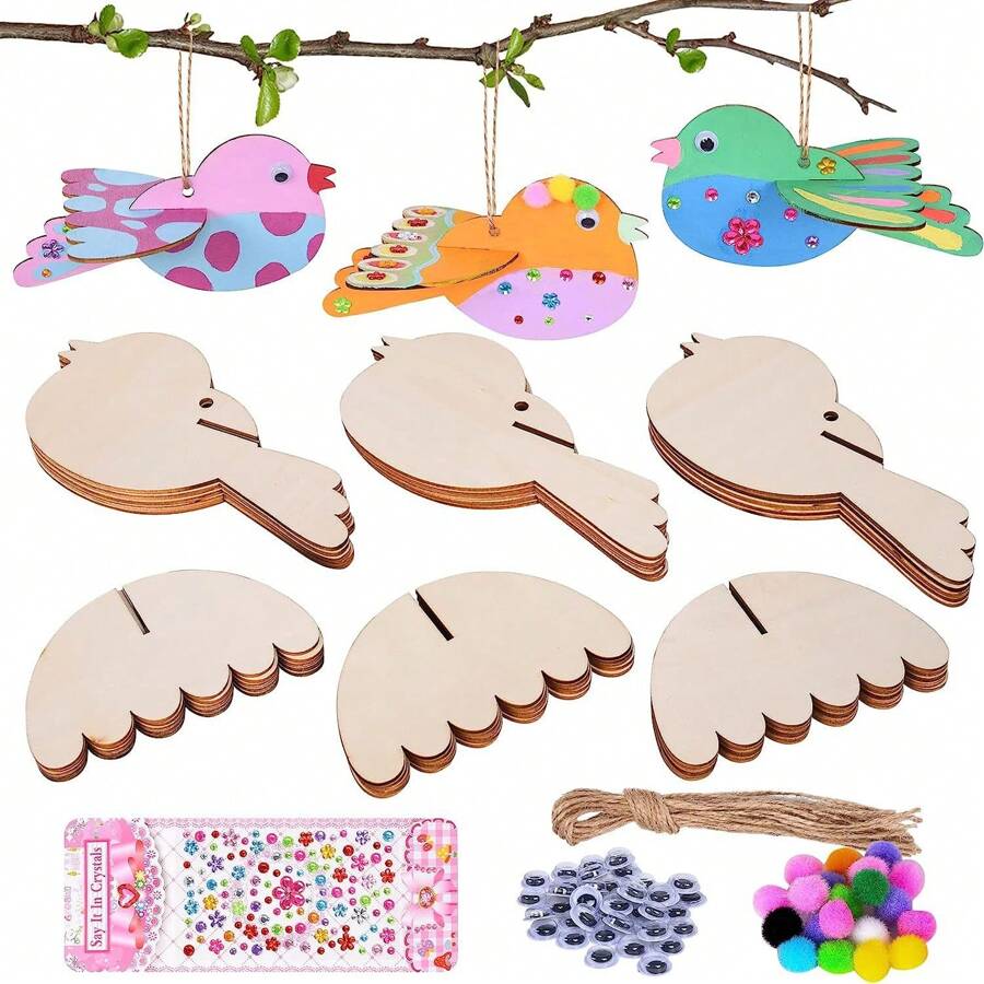 15pcs Unfinished Wooden Bird Shaped Decorative Ornaments - Vibrant Colors, Painting And Hanging Craft, Ideal For Holiday Gifts, Weddings, Birthdays And Party Decorations | Lively Bird Designs | Wooden Material, Bird Decor