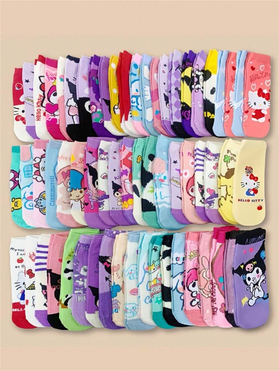 Sanrio 5/6/10/15/20/30 pares de calcetines cortos de verano transpirables con estampado Sanrio, que absorben la humedad