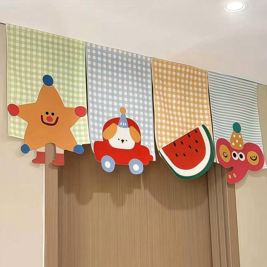 Animal Cartoon Door Curtain, Triangle Flag, Hanging Flag Decor, Half Curtain Divider Cloth, Entryway Door Curtain With Hook And Loop Separator