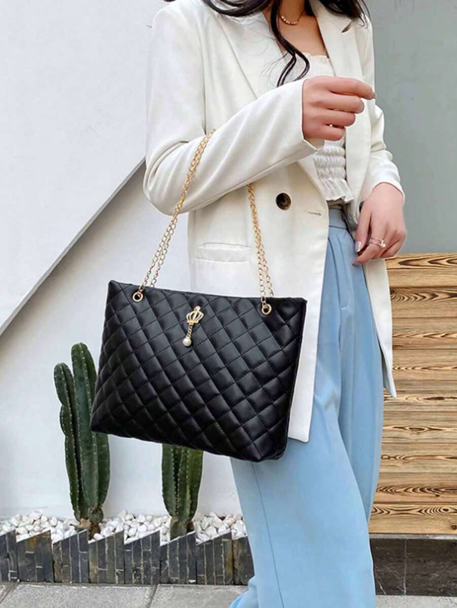 Bolsa tote com corrente decorativa de metal acolchoado, à prova d'água, leve, casual para negócios, de grande capacidade, para adolescentes, mulheres, estudantes universitárias, novatos e trabalhadores de colarinho branco, perfeita para escritório, faculdade, trabalho, negócios, deslocamento, atividades ao ar livre, viagens, passeios, mochila escolar