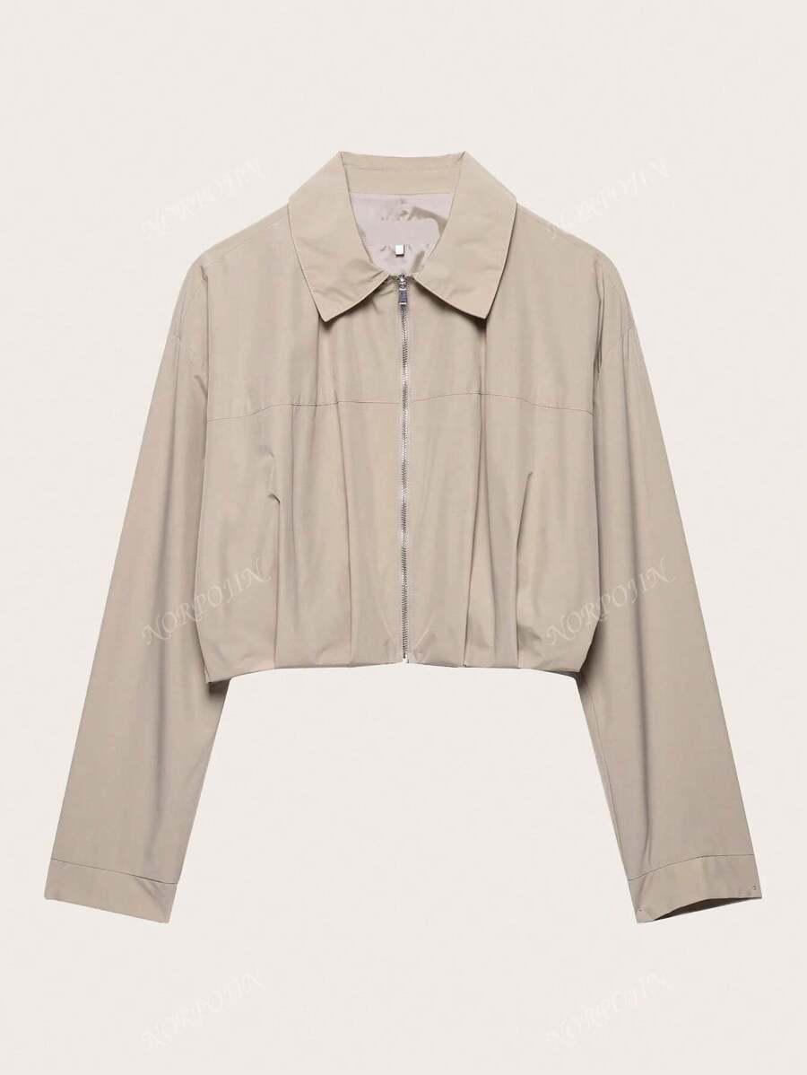 Plain Color Pleated Loose Short Jacket, Suitable For Spring & Autumn