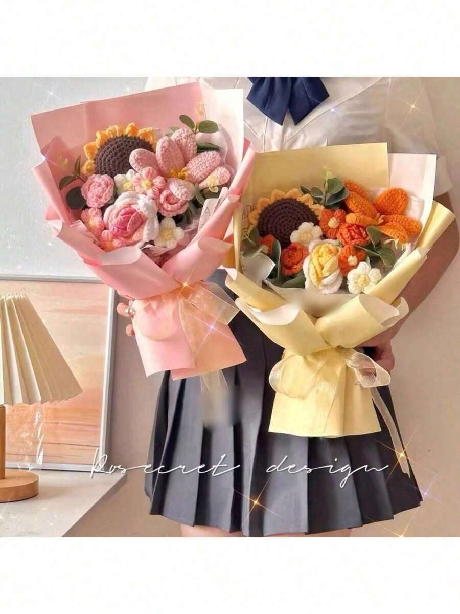 1pc Romantic Knit Flower Bouquet, Practical Yarn Tulips And Roses Bouquet Gift For Girlfriends, Useful Birthday Present