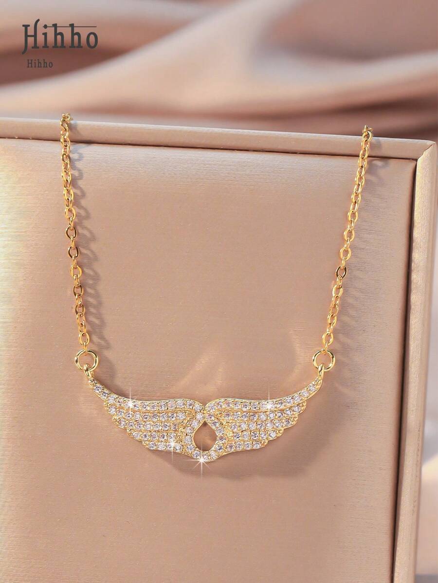 Hihho 1 pieza Collar colgante de lujo para mujer con gemas de circonita incrustadas en diseño de ala de ángel y gota de agua hueca, regalo de joyería