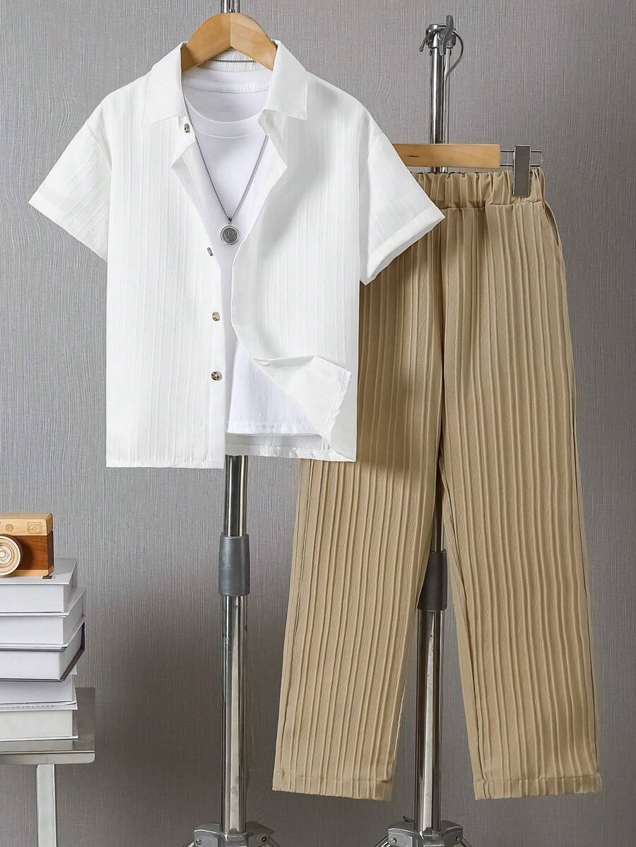 2pcs/Set Tweens & Teenage Boys Casual Daily School Outdoor Fashion Solid Color Textured Short Sleeve Shirt And Straight Leg Textured Pants