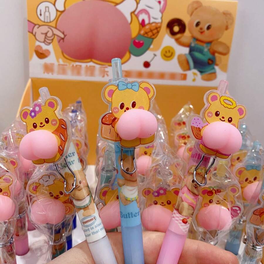 1pc Yellow Butter Bear Stress Toy Squeeze Butt Creative Neutral Pen Cute Press-Type Signing Pen School Supplies, Back To School