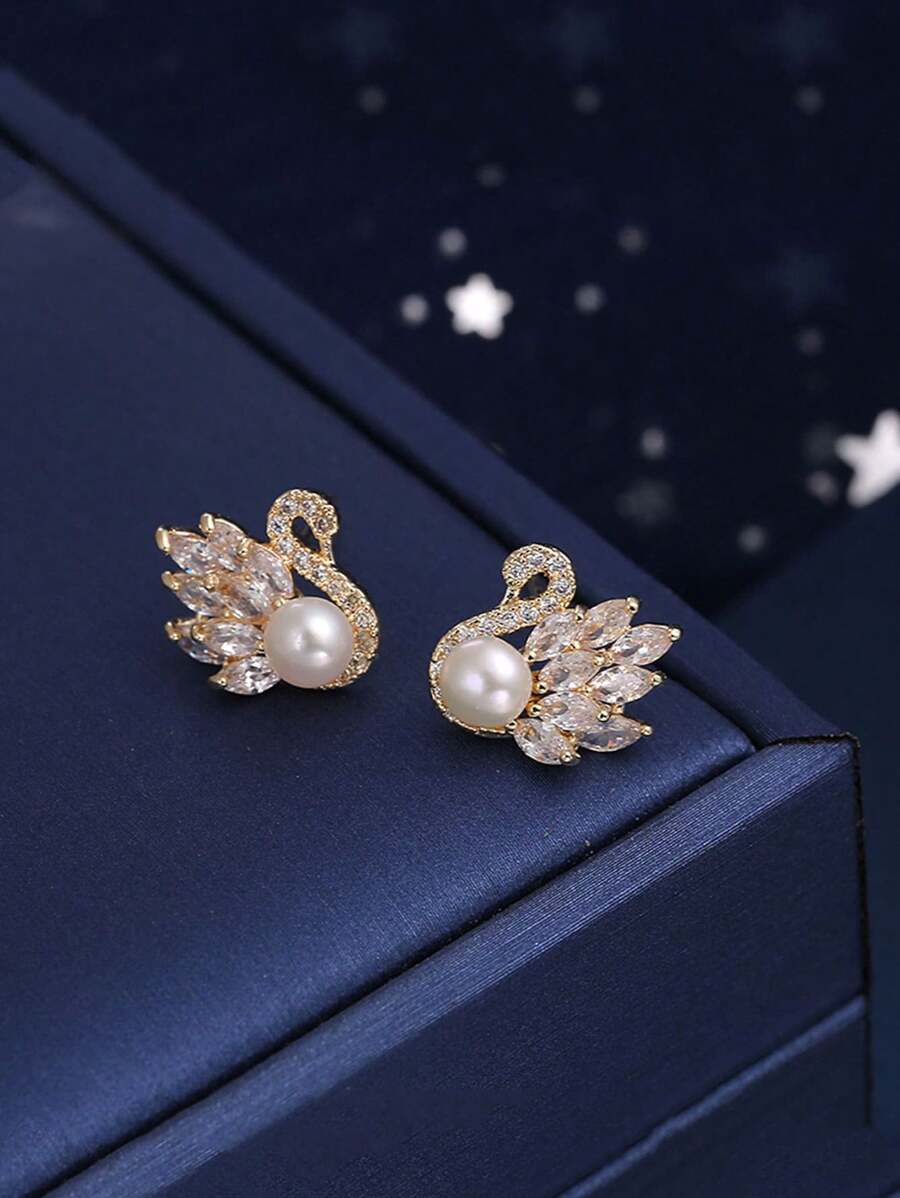 Gold Plated Stud Earrings With Small Simulated Pearl & Zirconia Stones, Elegant & Cute Design For Women, S925 Sterling Silver Earrings