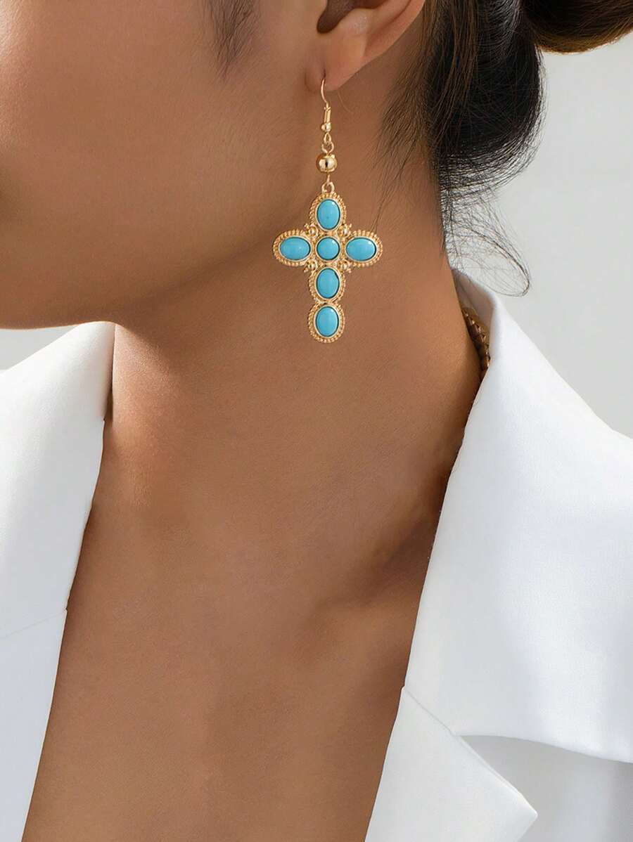 1 par de aretes con dije de cruz de aleación de oro con incrustación de turquesa verde, elegantes y adecuados para el Día de la Ascensión y uso diario de las mujeres
