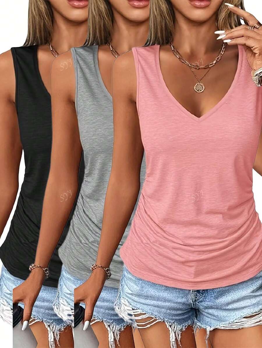 3pcs Women Casual Sleeveless V-Neck Tanks - Loose Fit Solid Color Tops (Black/Grey/Pink), Machine Washable, Versatile For All Seasons, Daily Wear, Pleated Design, Comfortable