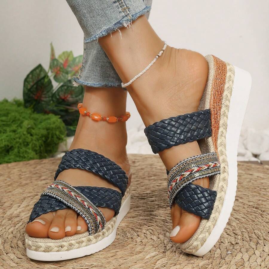 Sandales compensées à plateforme à enfiler étincellantes pour femme, détail tressé, convient pour la plage