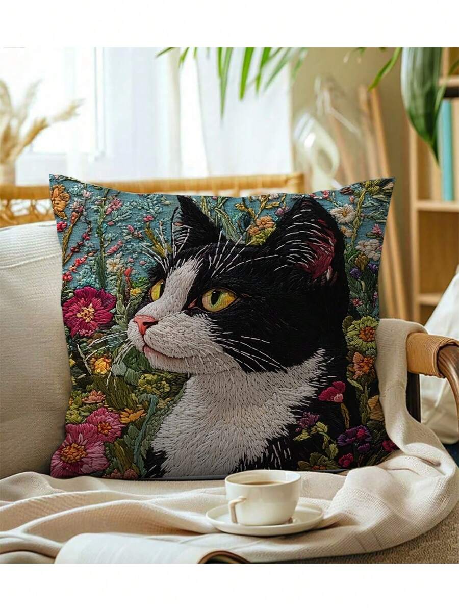 1pc Bohemian Style 2D Printed Cat Garden Throw Pillow Case, Double-Sided Printing, Machine Washable, Zipper Closure, Polyester Woven, 18"X18", Includes Insert (Pillow Insert Not Included)