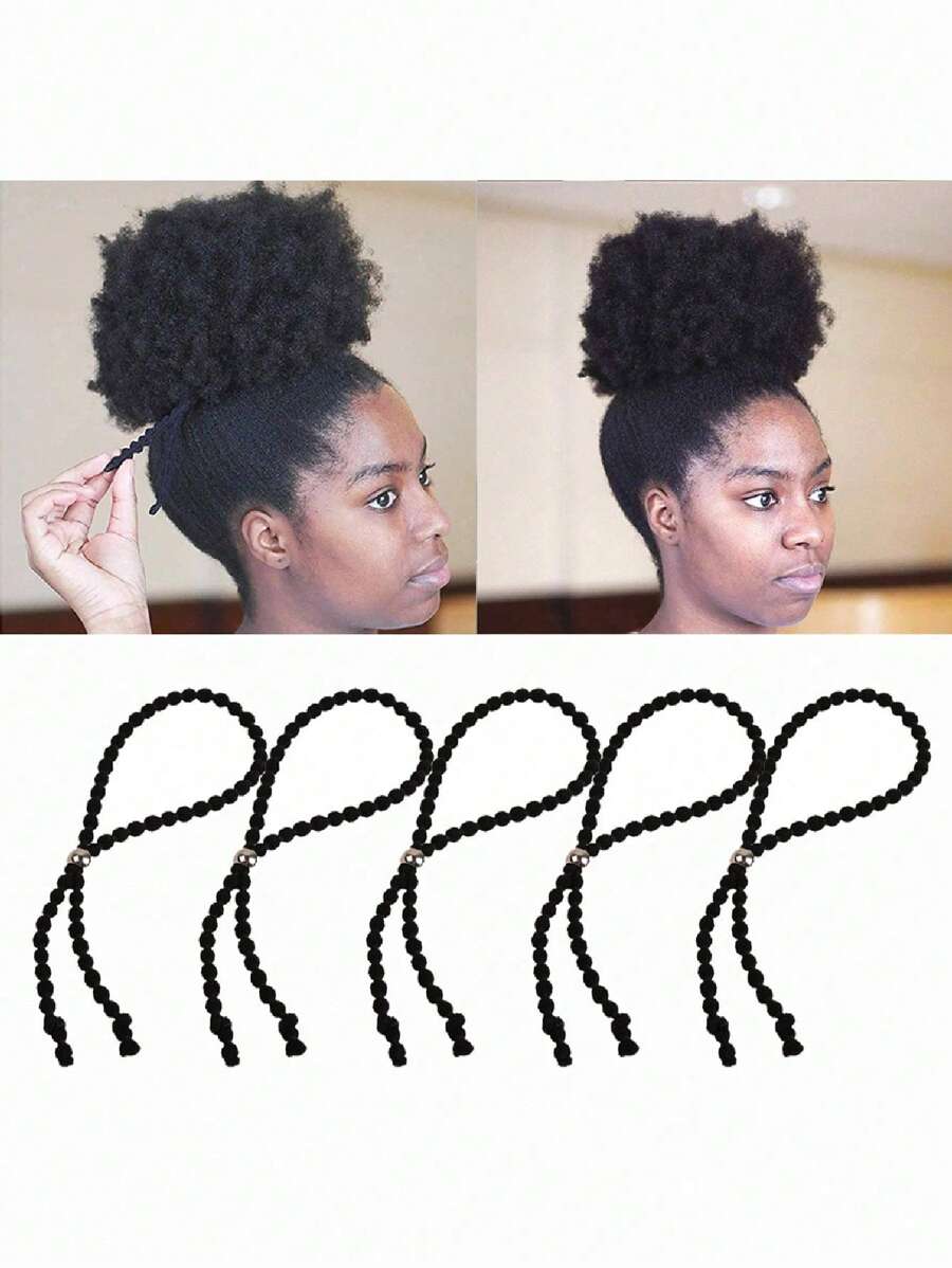 5pcs Set Black Adjustable Hair Tie Hair Scrunchies, African Curly Ponytail Holders, Suitable For Daily Use