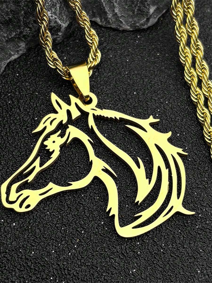 Colgante estético de caballo de acero inoxidable en color dorado/plateado, joyería de moda para mujeres y hombres, collar