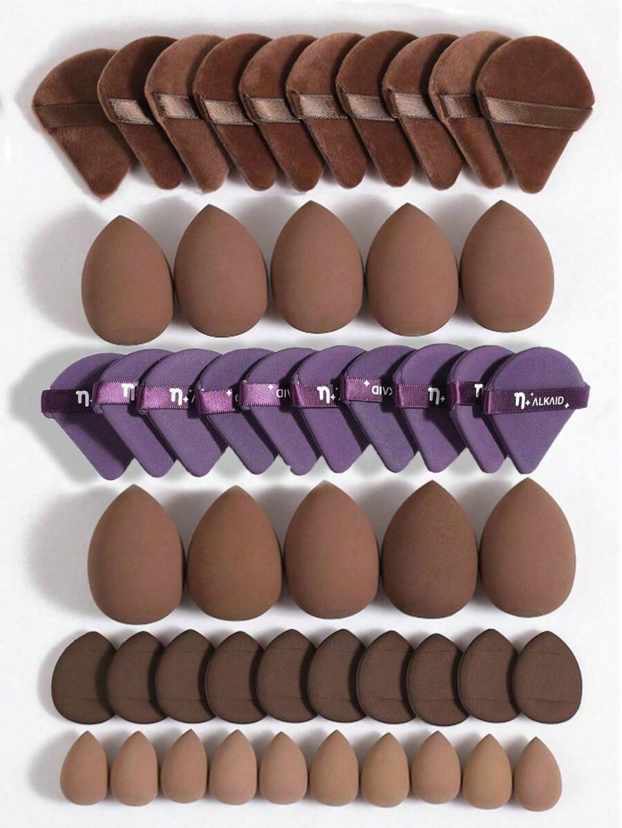 5/10/20/30/40/50/60/80/100pcs Makeup Tool Kit Set, Includes: 10 Liquid Foundation Makeup Sponges, 10 Mini Liquid Foundation Makeup Sponges, 10 Triangular Powder Puffs, 10 Face Makeup Air Cushion Puffs, 10 Mini Face Concealer Makeup Air Cushion Puffs
