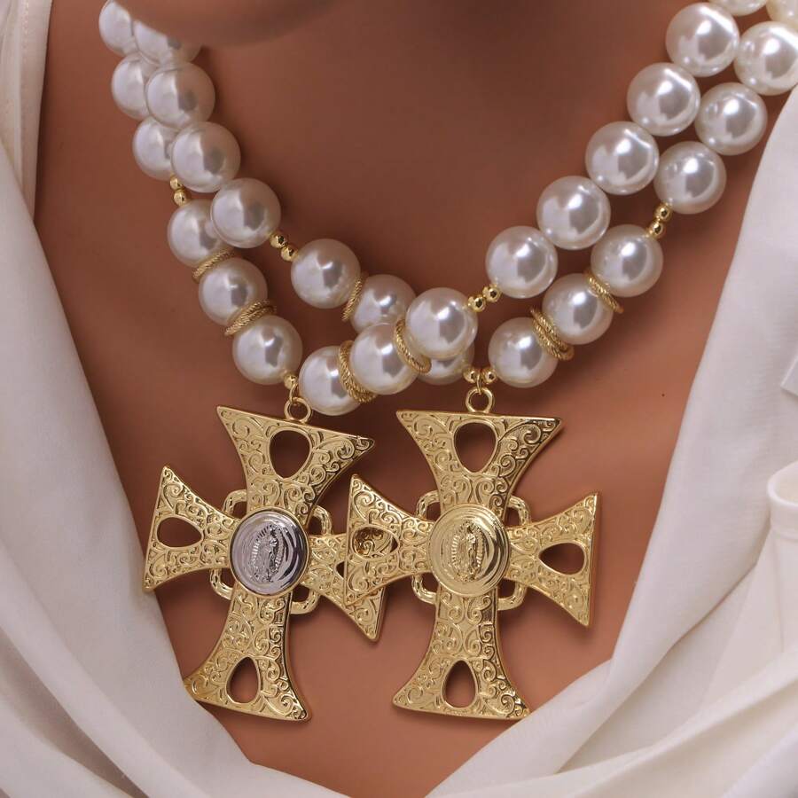 1 pièce Grand collier de pendentif croix pour femmes, conception esthétique, collier ras-de-cou avec perles de verre