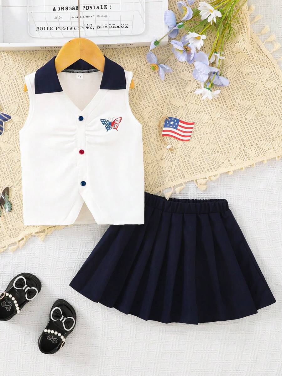 2pcs Girls Patriotic Outfit Set 2025 American Flag & Butterfly Tank Top With Pleated Skirt, Toddler Summer Clothes (Age 2-3,4-5,6-7Y)