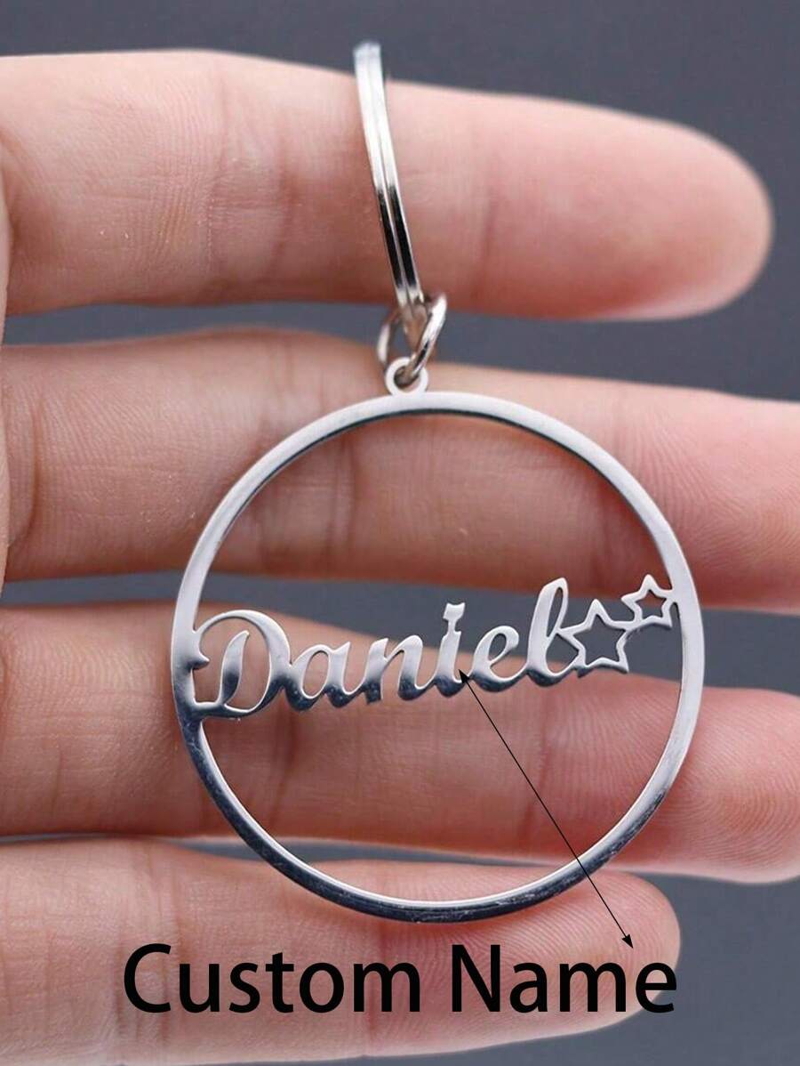 1pc Customized Keychain Without Chain, Personalized Laser Engraved Name & Numeric Geometric Circle Stainless Steel Tag Keychain, Gift For Men & Women