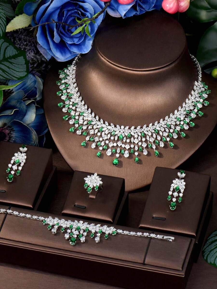 1 Set Dazzling Green Gemstone Necklace Earrings 4pcs Suit, Cubic Zirconia Suitable For Party, Cocktail, Wedding, Bride, MC Formal Dress Accessories