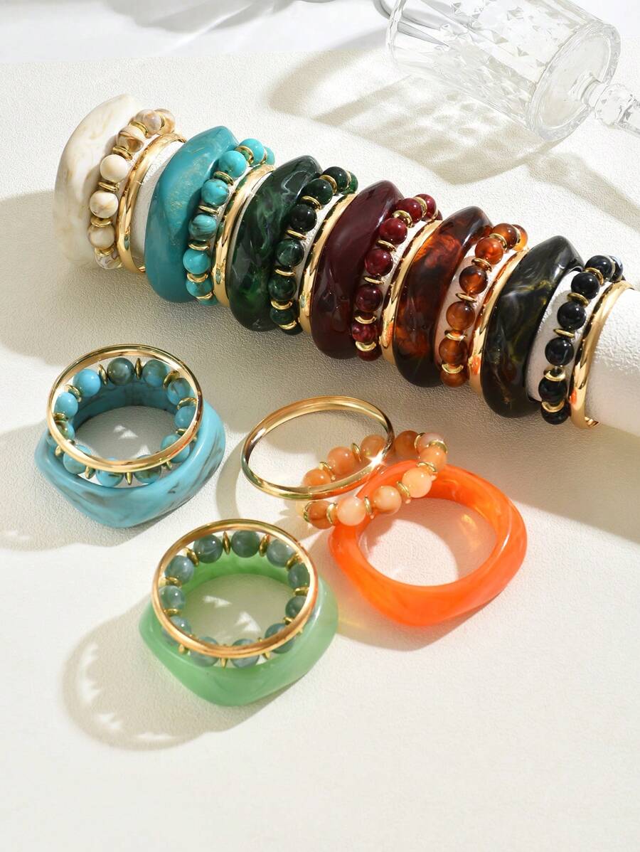 Set de 3 brazaletes asimétricos de resina con estampado geométrico y efecto tie dye, pulseras elásticas con cuentas y dijes para mujeres