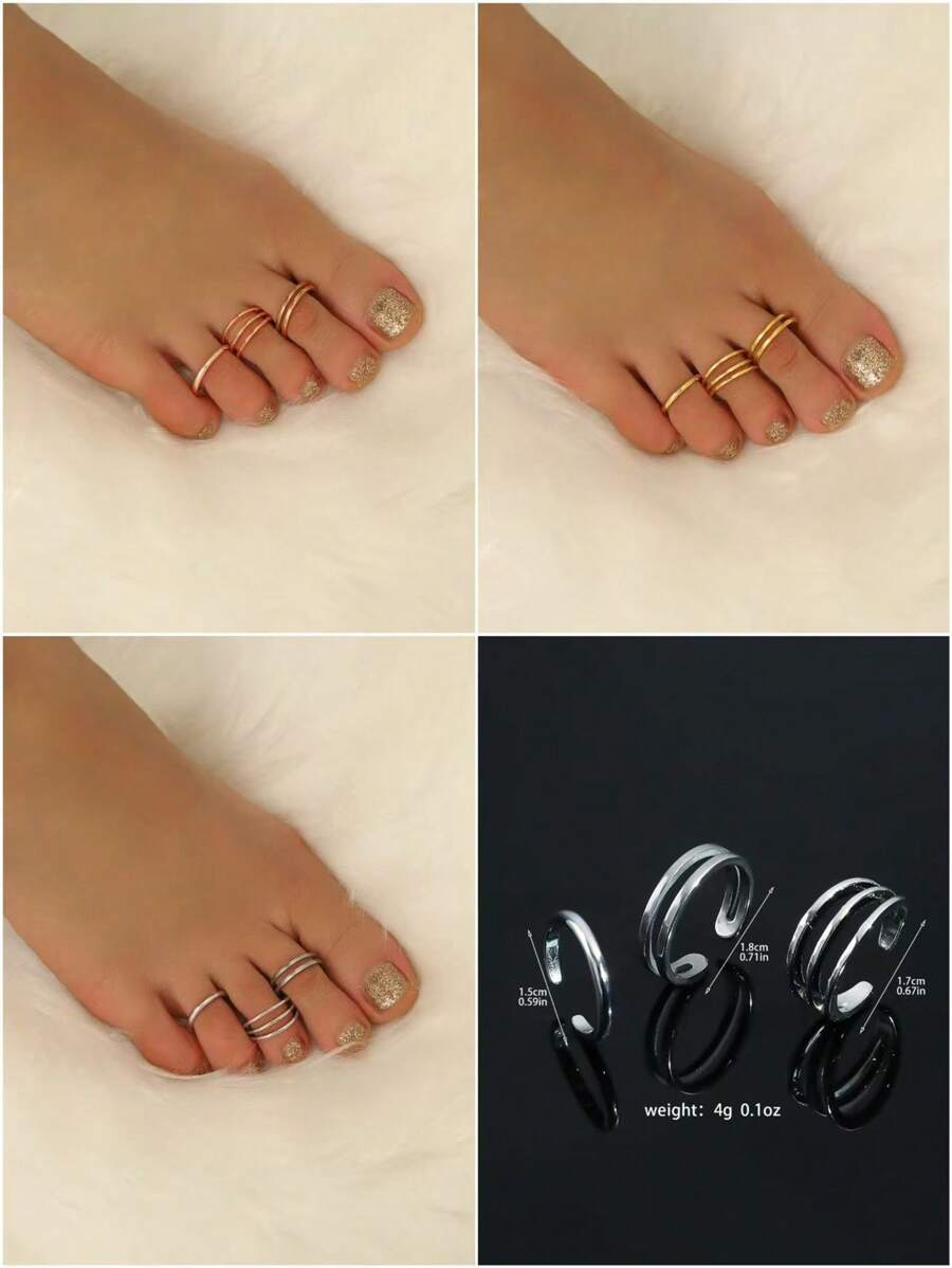 3 Packs Hollow-Out C-Shaped Metal Toe Rings, Punk Chic Style Jewelry Set For Women