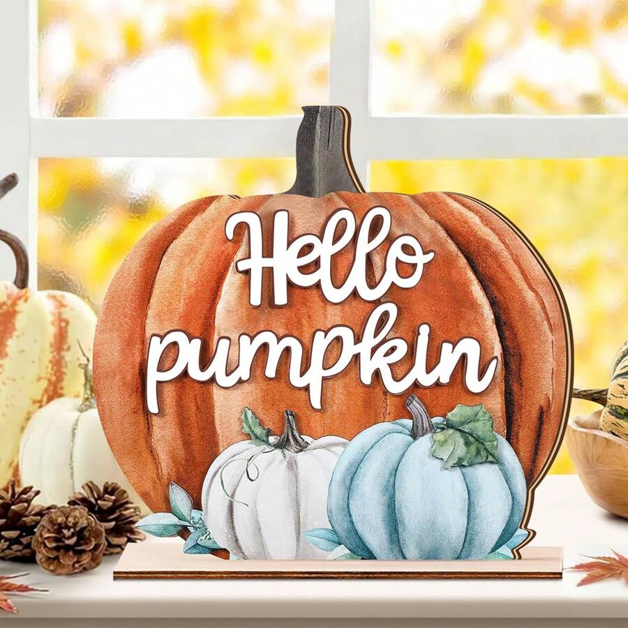 1 pièce Décoration pour table en bois à étages avec message "Hello Pumpkin" pour l'automne, décoration rustique d'automne, signe de récolte de citrouille pour la fête de l'action de grâce sur la table (sans le plateau)