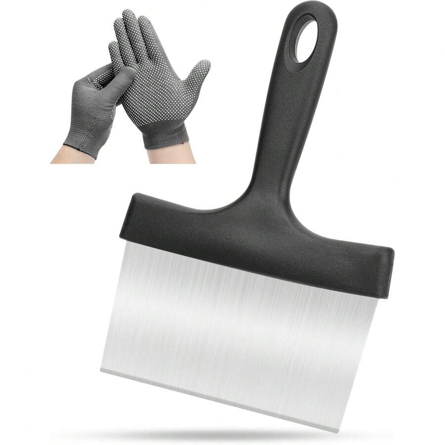 1pc Stainless Steel Flat Top Barbecue Scraper/Spatula With Glove, Sturdy Food Scraper Tool For Kitchen, Suitable For Blackstone Griddle Accessories, Outdoor Grill Scraper Tool