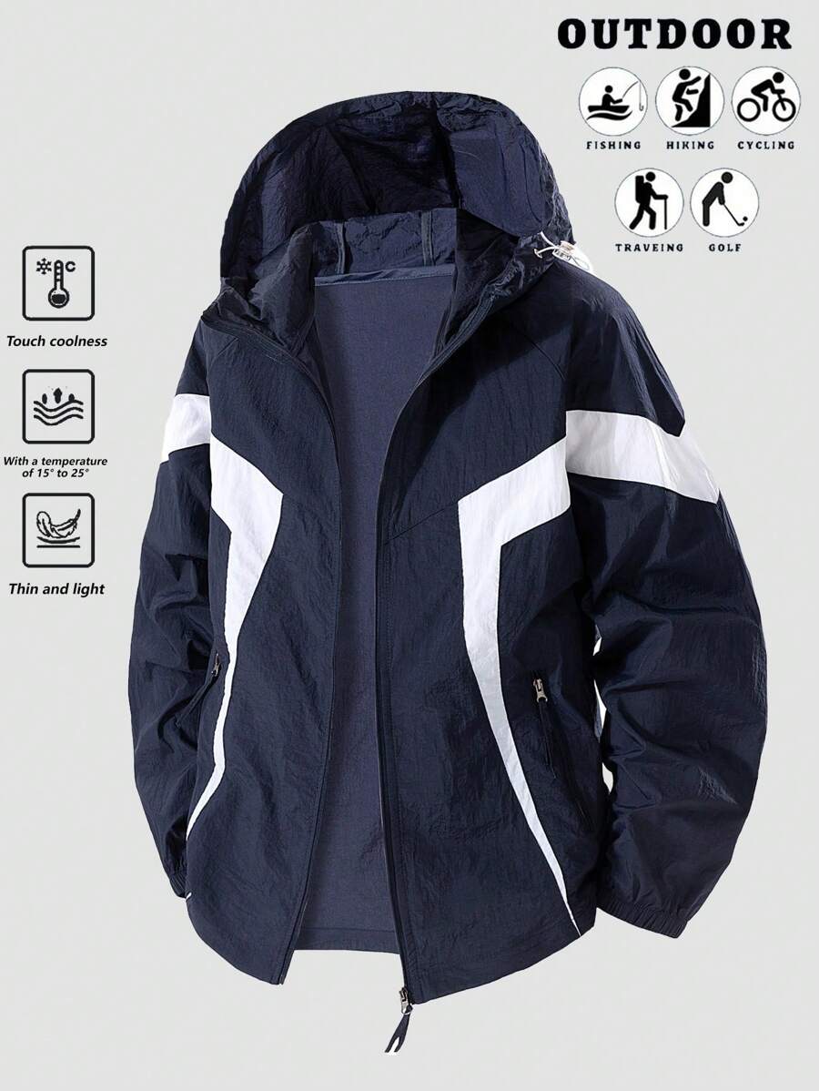 Men's Contrast Color Long Sleeve Outdoor Sports Casual Running Sun Protection Exercise Jacket, Summer