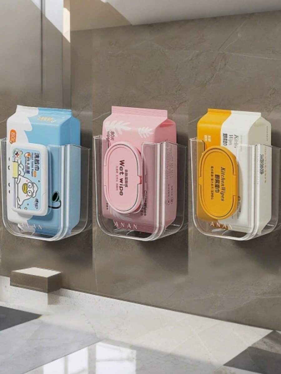 1pc Easy Install Deluxe Square Plastic Tissue Paper Holder - Wall Mounted, No-Drill Bathroom Storage Box For Facial Tissues & Wet Wipes, Organizer, Dispenser