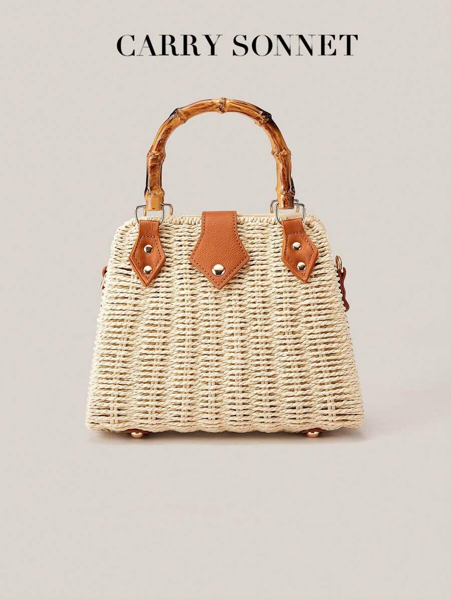 Bolso cruzado para mujer, bolso de playa trenzado de paja 2025, bolsos hechos a mano de verano, bolso de mimbre y ratán, accesorios de vacaciones, 1 pieza de bolso de mano y cruzado tejido de paja, esenciales de vacaciones, esenciales de viaje